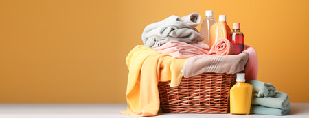 Colorful dirty clothes and towels in a wicker basket, various detergents for washing on a bright yellow backgroundの素材