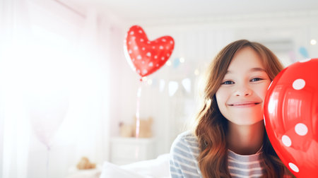 Cute girl holding a balloon with a red heart, a symbol of love for Mothers Day, March 8の素材