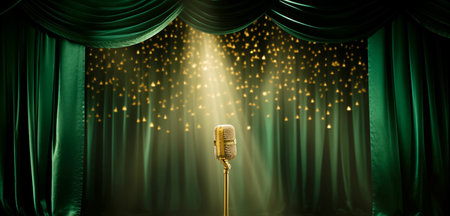Vintage metal microphone, retro item against green velvet curtain background with glitter bokehの素材