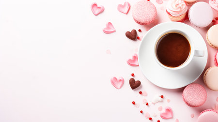 A cup of hot coffee, sweet macaroons for Valentines Day, Mothers Day. Romantic breakfastの素材