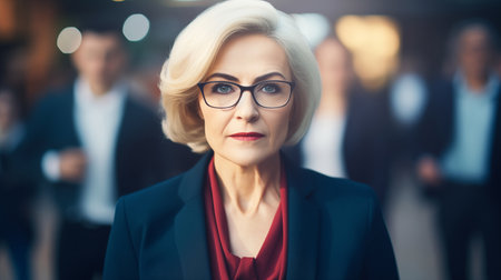 Modern adult woman with gray hair, glasses in office suit against background of moving people. Portrait business womanの素材