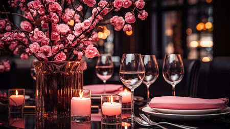 Festive table setting with elegant wine glasses, beautiful pink roses. Romantic dinner for Valentines Day, weddingの素材