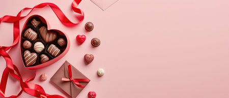 Chocolate, candy hearts in holiday box in the shape of heart, an envelope with letter on pastel pink backgroundの素材