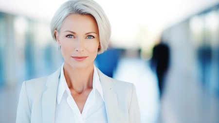 Modern financial business adult woman blonde with short haircut against the background of an office, service corridorの素材