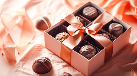 A set of chocolates in an open craft box decorated with a satin ribbon, festive pastel peach trendy background with fresh flowers. Flat lay, top viewの素材