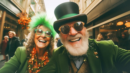 Contemporary adult man and woman in green hats and St. Patricks Day suits looking at the camera and smilingの素材