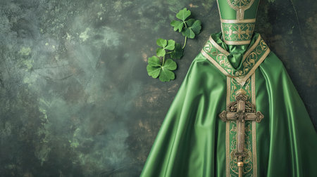 Bishop Saint Patricks on green background. Holiday St. Patricks Day Background, copy spaceの素材