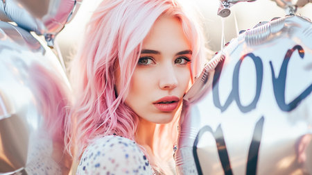 A young cute hipster girl with pink hair and bright makeup holds shiny balloon with text Love, symbol of love, valentineの素材