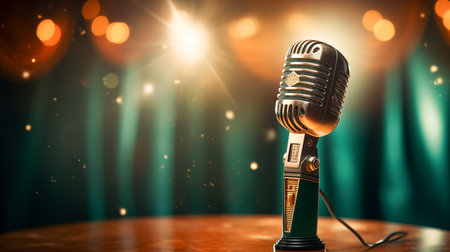 Vintage metal microphone, retro item against green velvet curtain background with glitter bokehの素材