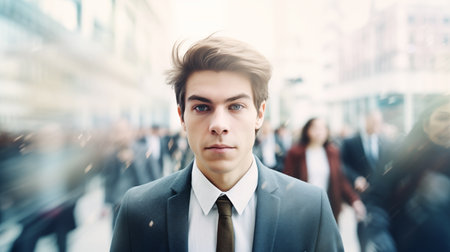A young man in a stressed or depressed state against the backdrop of moving people along a city street. Mental healthの素材