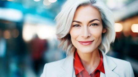 Beautiful modern middle-aged financial businesswoman looking at camera and smiling, against backdrop of business officesの素材