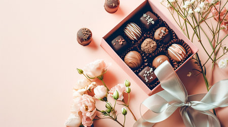 A set of chocolates in an open craft box decorated with a satin ribbon, festive pastel peach trendy background with fresh flowers. Flat lay, top viewの素材