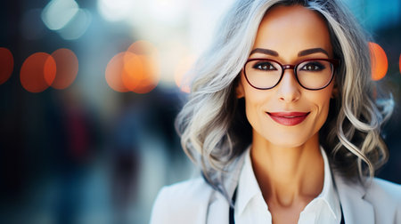 Modern middle-aged financial business woman with gray hair wearing glasses, looking at camera. Portrait stylish womanの素材