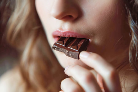 Happy young woman biting chocolate bar. Close-up, selective focus. World Chocolate Dayの素材