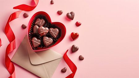 Chocolate, candy hearts in holiday box in the shape of heart, an envelope with letter on pastel pink backgroundの素材