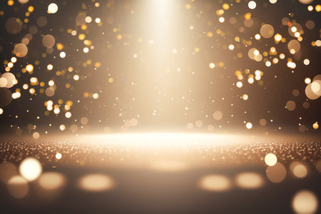 Creative sparkling dance floor stage, empty podium, dark golden background with lights, glittering confetti and bokehの素材