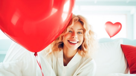 Happy young woman holding a balloon with a red heart, a symbol of love for Valentines Dayの素材