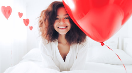 Happy young black woman holding balloon with a red heart and posing for the camera, symbol of love for Valentines Dayの素材