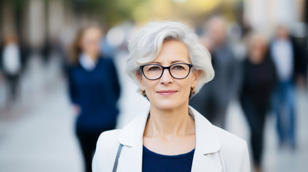 Modern adult woman with gray hair, glasses in office suit against background of moving people. Portrait business womanの素材