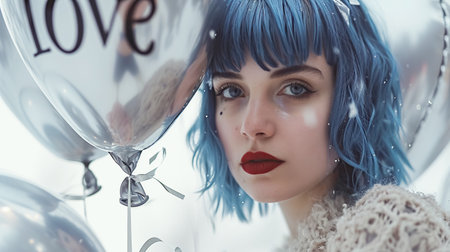 A young hipster girl with blue hair and bright makeup holds balloon with text Love, symbol of love, valentines cardの素材