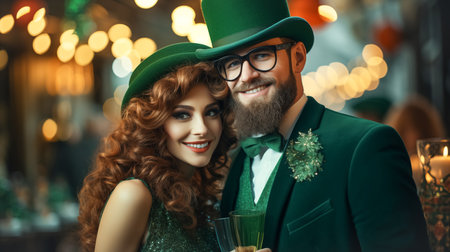 Modern fashionable man and woman in green hats and St. Patricks Day suits, against the backdrop of a city streetの素材
