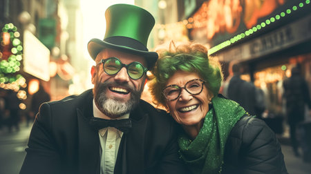 Contemporary adult man and woman in green hats and St. Patricks Day suits looking at the camera and smilingの素材
