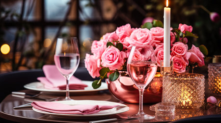 Festive table setting with elegant wine glasses, beautiful pink roses. Romantic dinner for Valentines Day, weddingの素材