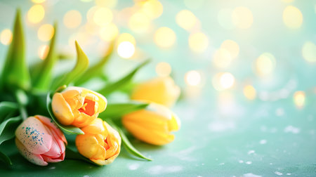 Spring calm Serene composition of tulips and Easter eggs ,pastel background . Template, layout for Easter holiday cardの素材