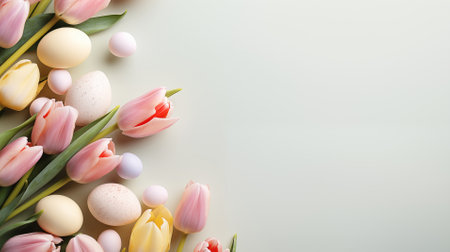 Spring calm Serene composition of tulips and Easter eggs on a soft pastel background. Template, layout for Easter holiday cardの素材