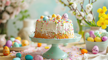 Colorfully decorated Easter cake with icing and sprinkles surrounded by pastel colored eggs on cake stand holiday tableの素材