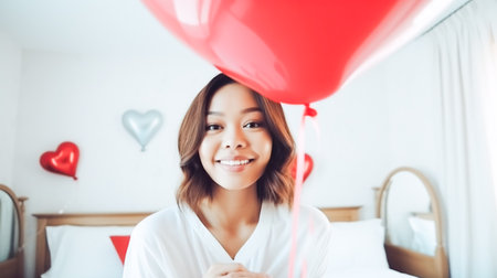 Happy young Asian woman holding balloon with a red heart and posing for the camera, symbol of love for Valentines Dayの素材
