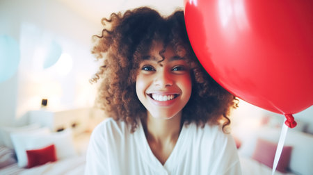 Happy young black woman holding balloon with a red heart and posing for the camera, symbol of love for Valentines Dayの素材