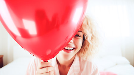 Happy young woman holding a balloon with a red heart, a symbol of love for Valentines Dayの素材