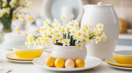 Spring holiday composition for Easter, Bright yellow daffodils with painted eggs on white kitchen table, bright daylightの素材