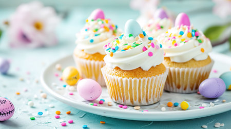 Holiday cupcakes with pink frosting, colorful sprinkles small Easter themed eggs. Traditional homemade pastries Easterの素材