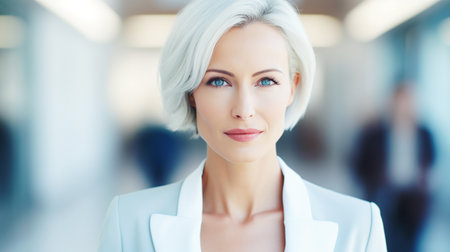 Modern financial business adult woman blonde with short haircut against the background of an office, service corridorの素材