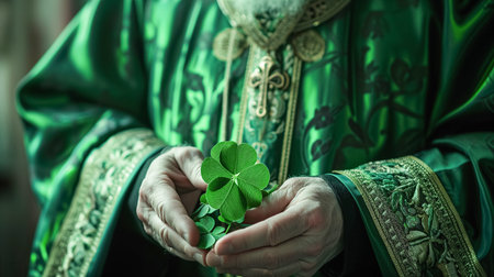 Saint Patrick in green clerical vestments holding a shamrock for preaching, close-up. Holiday Saint Patricks Dayの素材