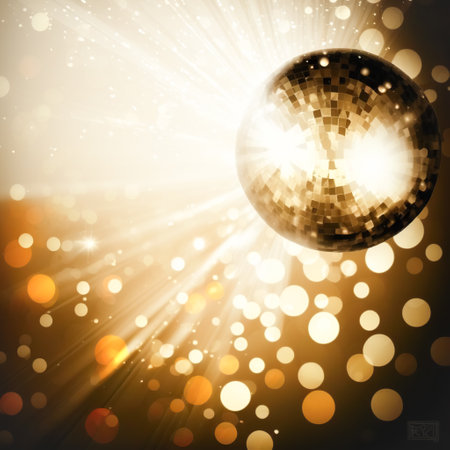 Sparkling disco ball , luxurious dark background, sparkling flying sparkles, bokeh. Template creative holiday designの素材