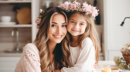 Smiling mother and daughter in flower wreaths for Easter in cozy home environment. Spring holiday conceptの素材