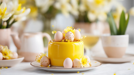 Elegant cake with yellow icing on cake stand, Easter eggs in white bowl, vase with yellow fresh tulips on white tableの素材