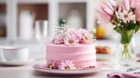 Beautifully decorated cake with pink flowers on festive spring table. Easter concept, March 8, mothers dayの素材