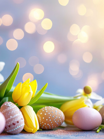 Spring festive composition for Easter, Yellow tulips and decorated Easter eggs on light bokeh background, copy spaceの素材