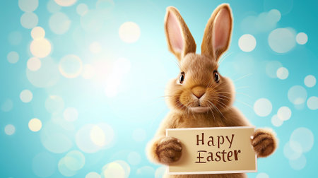 Cute Easter bunny holding sign with text Happy Easter, blue background with festive bokeh lights. Spring compositionの素材