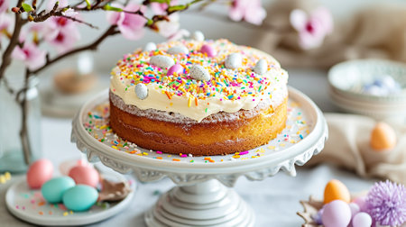 Colorfully decorated Easter cake with icing and sprinkles surrounded by pastel colored eggs on cake stand holiday tableの素材