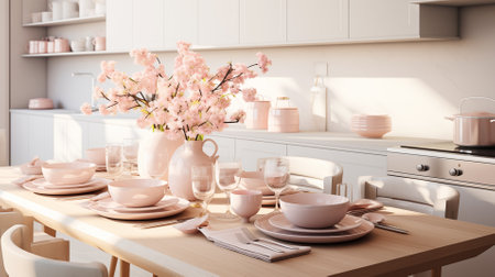 Modern kitchen with set of dishes pastel pink and cherry blossoms. Festive spring table setting in bright cozy kitchenの素材