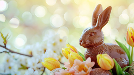 Easter adorable elegant chocolate bunny with many speckled Easter eggs on a background of tulips. Festive spring cardの素材