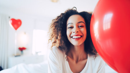 Happy young black woman holding balloon with a red heart and posing for the camera, symbol of love for Valentines Dayの素材