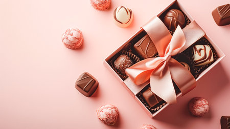 A set of chocolates in an open craft box decorated with a satin ribbon, festive pastel peach trendy background with fresh flowers. Flat lay, top viewの素材