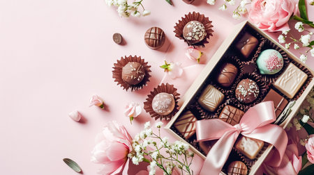 Set of chocolates in a craft box decorated with satin ribbon, festive pastel pink trendy background with fresh flowersの素材
