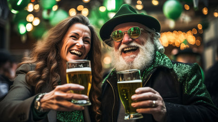 Modern adult man with a beard and a woman in green glasses drink beer and joyfully celebrate St. Patricks Dayの素材